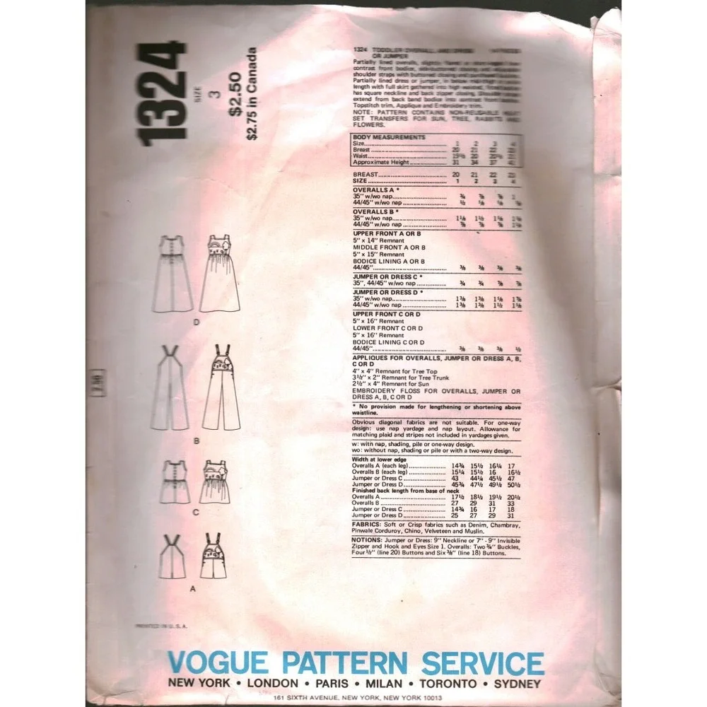 Vintage Little Vogue 1324 Toddler Overalls Jumper Sewing Pattern Size 3 1970s